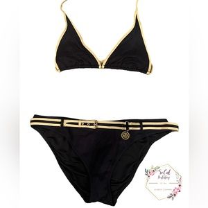 🌸 Victorias Secret 🌸 Swim Bathing Suit Swimsuit Bikini Black Gold EUC  L